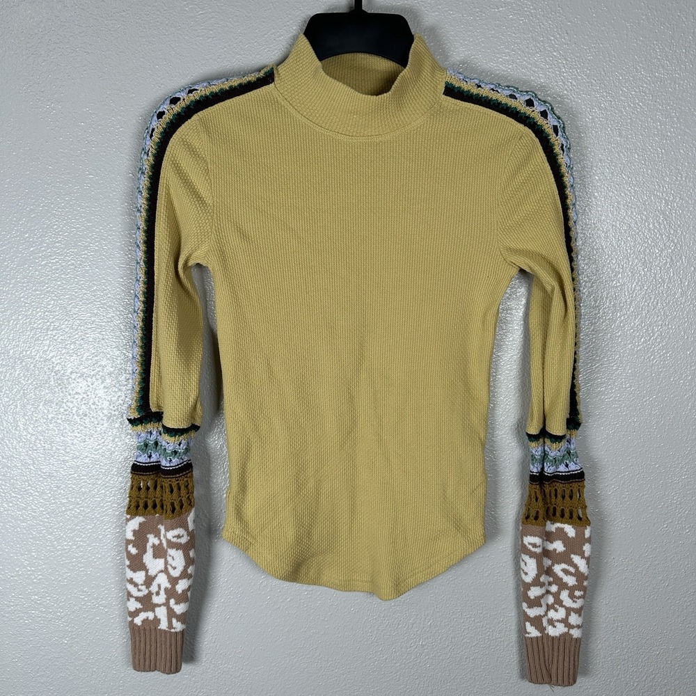 Free People Switch It Up Thermal Top Womens XS Crochet Yellow Multicolor Boho